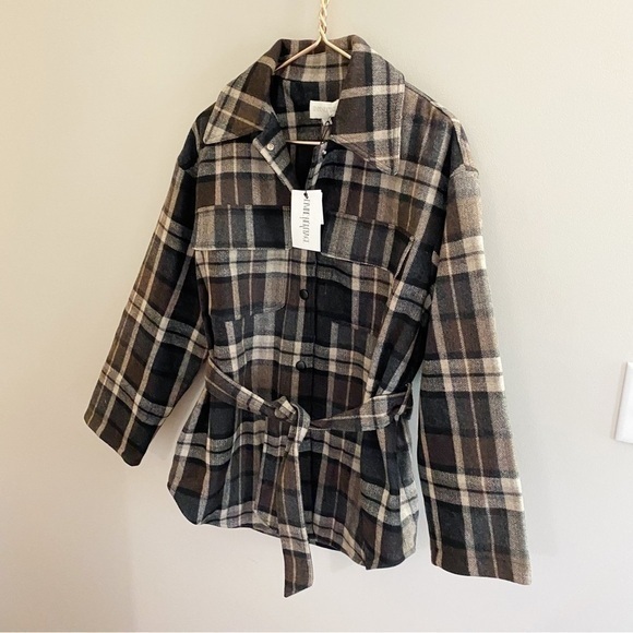 Divine Heritage XS NWT Wool Blend Plaid Check Belted Tie Waist Work Shirt Jacket - Picture 4 of 14